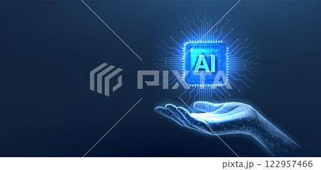 Chip with AI letters in hand. AI technology, robot core, electric line Chip with AI letters in hand. AI technology, robot core, electric line 122957466