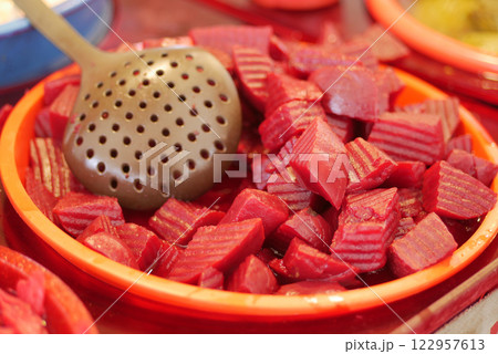 A Colorful Array of Vibrant Cubes of Pickled Beets Arranged in a Bowl A Colorful Array of Vibrant Cubes of Pickled Beets Arranged in a Bowl 122957613