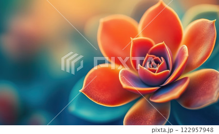 Vibrant Macro Shot Of A Red-Orange Succulent In Bloom With Soft Focus And Blue Or Yellow Accents In The Background. 122957948
