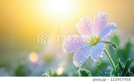 Captivating Morning Blooms: Wildflowers Adorned With Dew Drops In Summer Or Spring, Gentle Blur, Focused And Serene. Limited Field Depth. 122957958