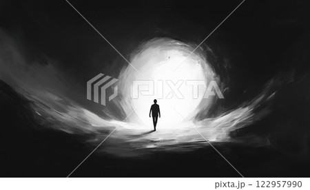 Silhouette Of A Person Stepping Into The Unknown. Exploring The Unknown. Venturing Into The Unknown. Person Walking Into The Unknown. Journeying Into The Unknown. 122957990