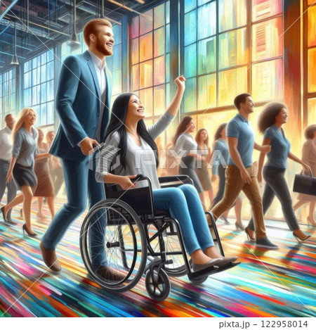 Diverse office team working and communicating in an accessible workspace. Some team members are using laptops while  122958014