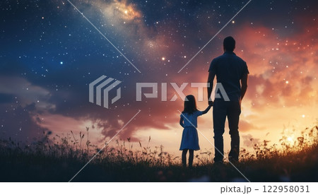 Father And Daughter Gaze At A Shooting Star In The Night Sky - A Magical Moment Shared Between Parent And Child. 122958031