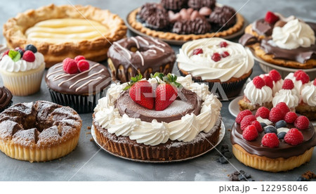Delicious Bakery Sweet Pastries: Apple Pie, Cheesecakes, Strawberry Cake, Donuts, Tarts, Chocolate Cake, Vanilla Cake, Cupcakes, And Chocolate Cookies. Satisfy Your Sweet Tooth With These Decadent Delicious Bakery Sweet Pastries: Apple Pie, Cheesecakes, Strawberry Cake, Donuts, Tarts, Chocolate Cake, Vanilla Cake, Cupcakes, And Chocolate Cookies. Satisfy Your Sweet Tooth With These Decadent 122958046