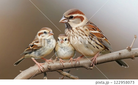 Sparrow Parent With Little Chicks Sitting On Branch With Small Mouths Open In Awe Sparrow Parent With Little Chicks Sitting On Branch With Small Mouths Open In Awe 122958073