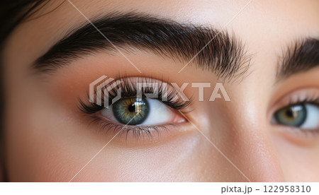Stunning Female Eyes With Long Lashes In Close-Up During An Eyelash Extension Procedure. A Glimpse Into Beauty Enhancement. 122958310