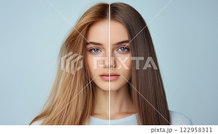 Transforming Hair From Unhealthy And Damaged To Healthy And Beautiful: A Before And After Hair Treatment Comparison. 122958311