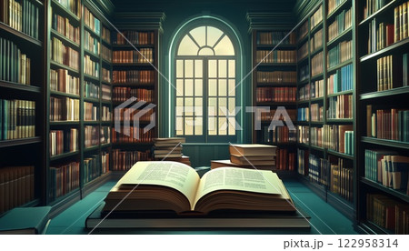 Exploring Knowledge: Old Books In Library, Piles Of Literature On Desk, Bookshelves In School Study Room For Academic Purposes 122958314