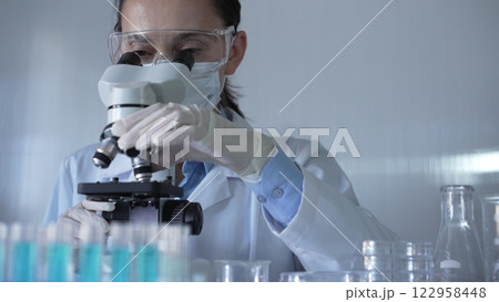 Scientist woman, wearing a lab coat, mask, white gloves and safety glasses, is using a microscope surrounded by test tubes in laboratory. Portrait view. Medicine and science concept 122958448