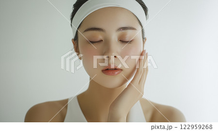 リラックスした表情でスキンケアをする女性 リラックスした表情でスキンケアをする女性 122959268