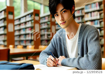 図書館で勉強する男性 122959528
