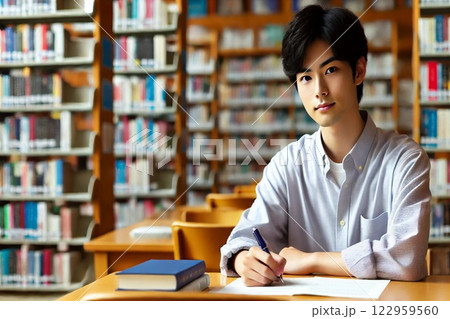 図書館で勉強する男性 122959560