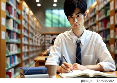 図書館で勉強する男性 122959562