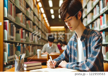 図書館で勉強する男性 122959563