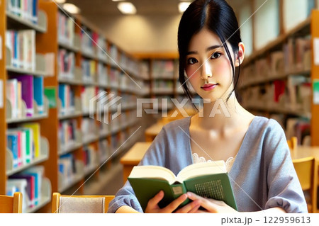 図書館で読書する女性 122959613