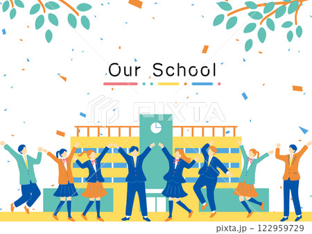 校舎の前で盛り上がる男女の学生たち 校舎の前で盛り上がる男女の学生たち 122959729