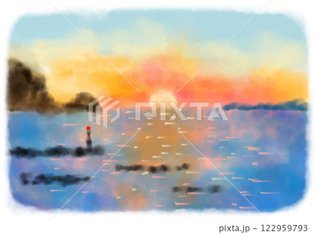 伊豆の海に沈む夕日の水彩風景画 伊豆の海に沈む夕日の水彩風景画 122959793
