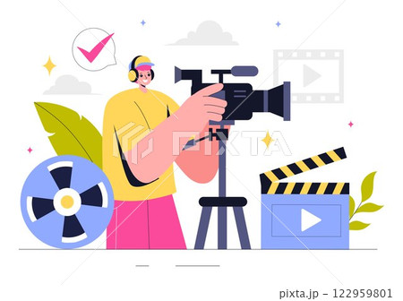 Videography Services Vector Illustration featuring Video Recording Production, Film Making, Videographer Equipment, and the Cinema Industry Videography Services Vector Illustration featuring Video Recording Production, Film Making, Videographer Equipment, and the Cinema Industry 122959801