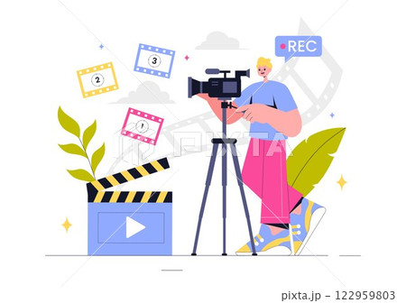 Videography Services Vector Illustration featuring Video Recording Production, Film Making, Videographer Equipment, and the Cinema Industry 122959803