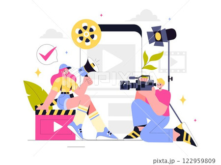 Videography Services Vector Illustration featuring Video Recording Production, Film Making, Videographer Equipment, and the Cinema Industry Videography Services Vector Illustration featuring Video Recording Production, Film Making, Videographer Equipment, and the Cinema Industry 122959809