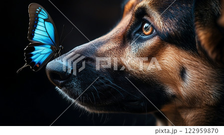 黒いジャーマンシェパードの鼻に留まる青い蝶の幻想的な瞬間 黒いジャーマンシェパードの鼻に留まる青い蝶の幻想的な瞬間 122959870