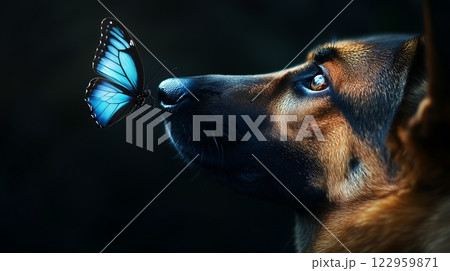 スタジオ撮影で捉えたシェパードと青い蝶の美しいコラボレーション スタジオ撮影で捉えたシェパードと青い蝶の美しいコラボレーション 122959871