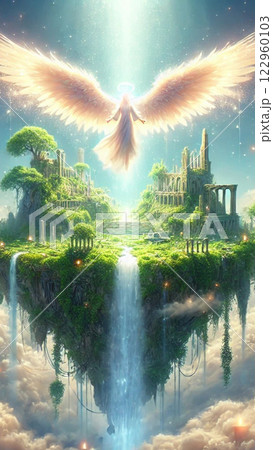 雲の上に幻想的な浮遊島が広がり、その上に光とともに天使が舞い降りてきた。 122960103