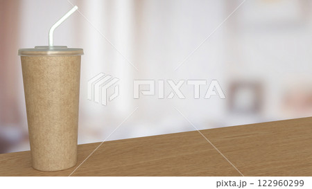 Coffee paper cup on wood Table 3d Rendering. 122960299