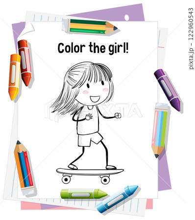 Coloring Fun with Skateboarding Girl Coloring Fun with Skateboarding Girl 122960543