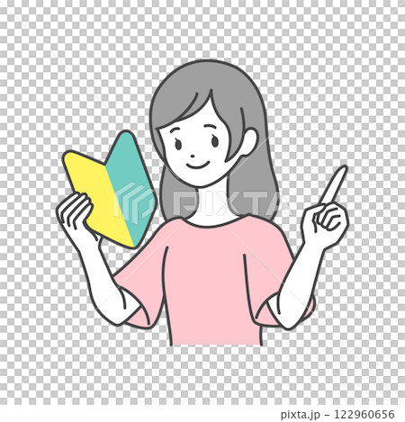 Stock Illustration: A woman with a beginner's mark pointing pose 122960656