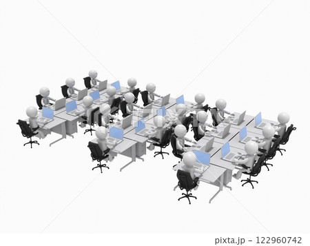 たくさんの机が並ぶオフィスで、ノートパソコンを操作して仕事するビジネスマンたち 122960742