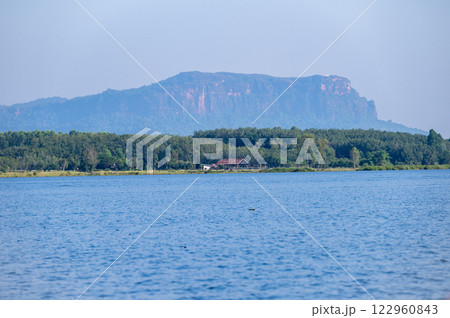 Phu Langka mountain look through Bueng Khong Long the largest frehwater reservoir in Bueng Kan province of Thailand. 122960843