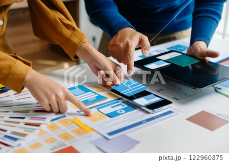 Close up view of UI developer team brainstorming on their project with laptop, smartphone and digital tablet. Creative digital development agency. Close up view of UI developer team brainstorming on their project with laptop, smartphone and digital tablet. Creative digital development agency. 122960875