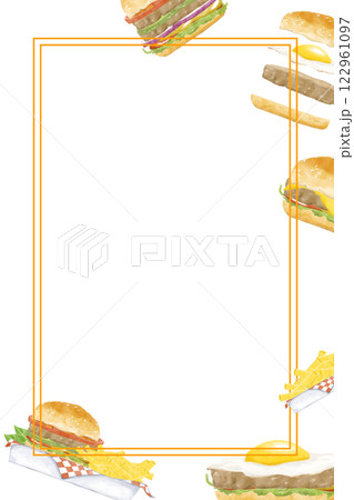 Watercolor Fast Food Frame Vertical with Burger, Cheeseburger, French Fries, for Menu Design, Posters, Printing, Web Design Watercolor Fast Food Frame Vertical with Burger, Cheeseburger, French Fries, for Menu Design, Posters, Printing, Web Design 122961097