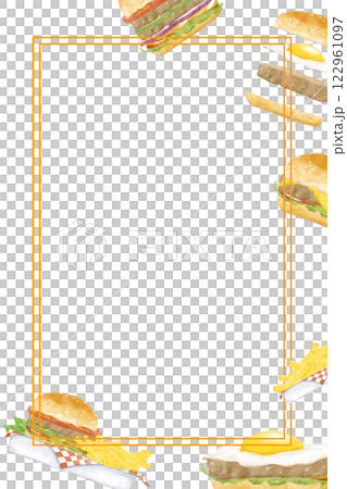 Watercolor Fast Food Frame Vertical with Burger, Cheeseburger, French Fries, for Menu Design, Posters, Printing, Web Design 122961097
