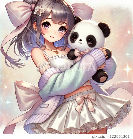 パンダのぬいぐるみを抱く少女 ゆるふわ イラスト Generative AIの