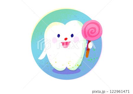 甘いお菓子を食べる歯のキャラクター 手描きイラスト素材 甘いお菓子を食べる歯のキャラクター 手描きイラスト素材 122961471