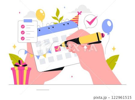 Event Planner Vector Illustration featuring Party Decorations, Scheduling, Time Management, Business Agenda, and a Calendar in a Flat Style Background 122961515