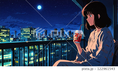 Girl Enjoying a Drink on a Moonlit Balcony 122961543