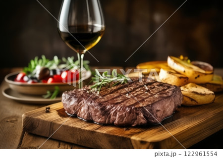 Closeup steak on wood plate with wine glass at restaurant 122961554