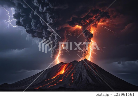 Volcano eruption with thunder storm sky Volcano eruption with thunder storm sky 122961561