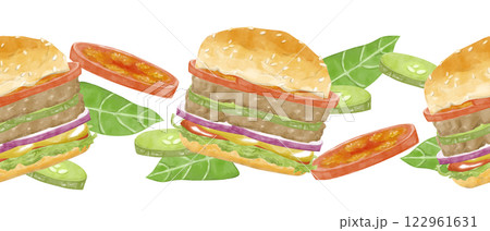 Watercolor Seamless Pattern Burger with Fresh Vegetables Illustration, Clipart for Menu Design, Posters, Printing, Web Design, Fabric, Textile, Scrapbooking Watercolor Seamless Pattern Burger with Fresh Vegetables Illustration, Clipart for Menu Design, Posters, Printing, Web Design, Fabric, Textile, Scrapbooking 122961631