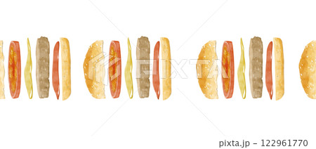 Watercolor Seamless Pattern Hand-Drawn Burger Illustration Illustration, Clipart for Menu Design, Posters, Print, Web Design, Fabric, Textile, Scrapbooking 122961770