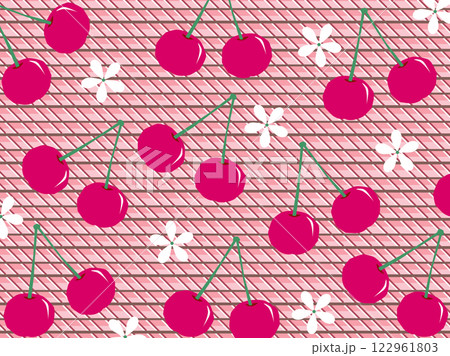 さくらんぼと白いお花のチェック柄壁紙 さくらんぼと白いお花のチェック柄壁紙 122961803