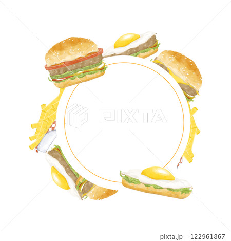 Watercolor Seamless Pattern Circular Food Frame Illustration with Burgers and Eggs Illustration, Clipart for Menu Design, Posters, Print, Web Design, Fabric, Textile, Scrapbooking 122961867