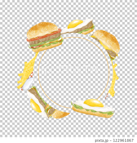 Watercolor Seamless Pattern Circular Food Frame Illustration with Burgers and Eggs Illustration, Clipart for Menu Design, Posters, Print, Web Design, Fabric, Textile, Scrapbooking 122961867