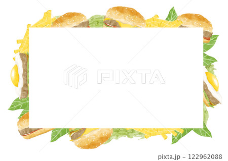 Watercolor Food Border Design Illustration with Burgers and Eggs Illustration, Clipart for Menu Design, Posters, Print, Web Design, Fabric, Textile, Scrapbooking Watercolor Food Border Design Illustration with Burgers and Eggs Illustration, Clipart for Menu Design, Posters, Print, Web Design, Fabric, Textile, Scrapbooking 122962088