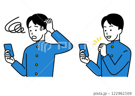 スマートフォンを操作する男子学生のセット (難しい/簡単) スマートフォンを操作する男子学生のセット (難しい/簡単) 122962109