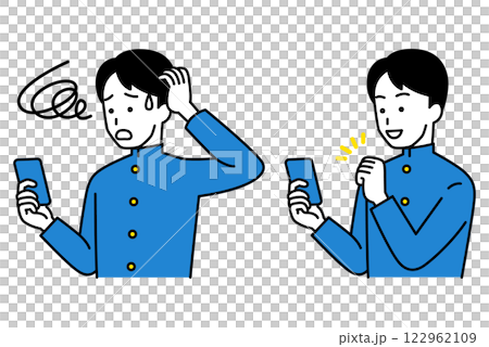 スマートフォンを操作する男子学生のセット (難しい/簡単) スマートフォンを操作する男子学生のセット (難しい/簡単) 122962109