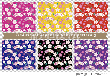 Japanese cherry blossom and fan seamless pattern set (dark color) Japanese cherry blossom and fan seamless pattern set (dark color) 122962352